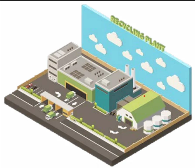 Isometric concept illustration of a hospital plastic recycling facility